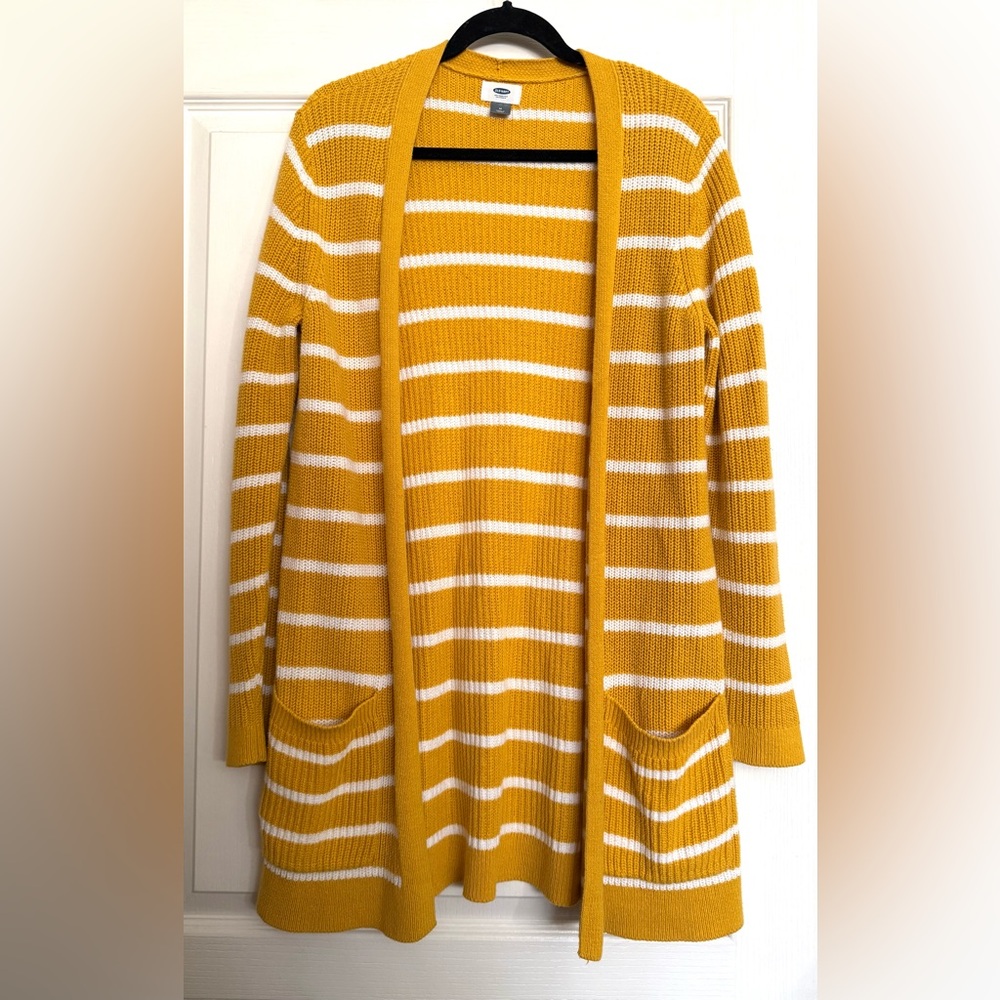 Old Navy Women's Mustard Yellow and White Striped Cardigan